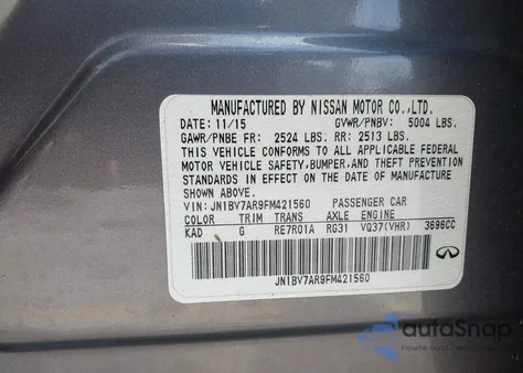 2015 Infiniti Q50 Premium from USA, damaged, VIN JN1BV7AR9FM421560